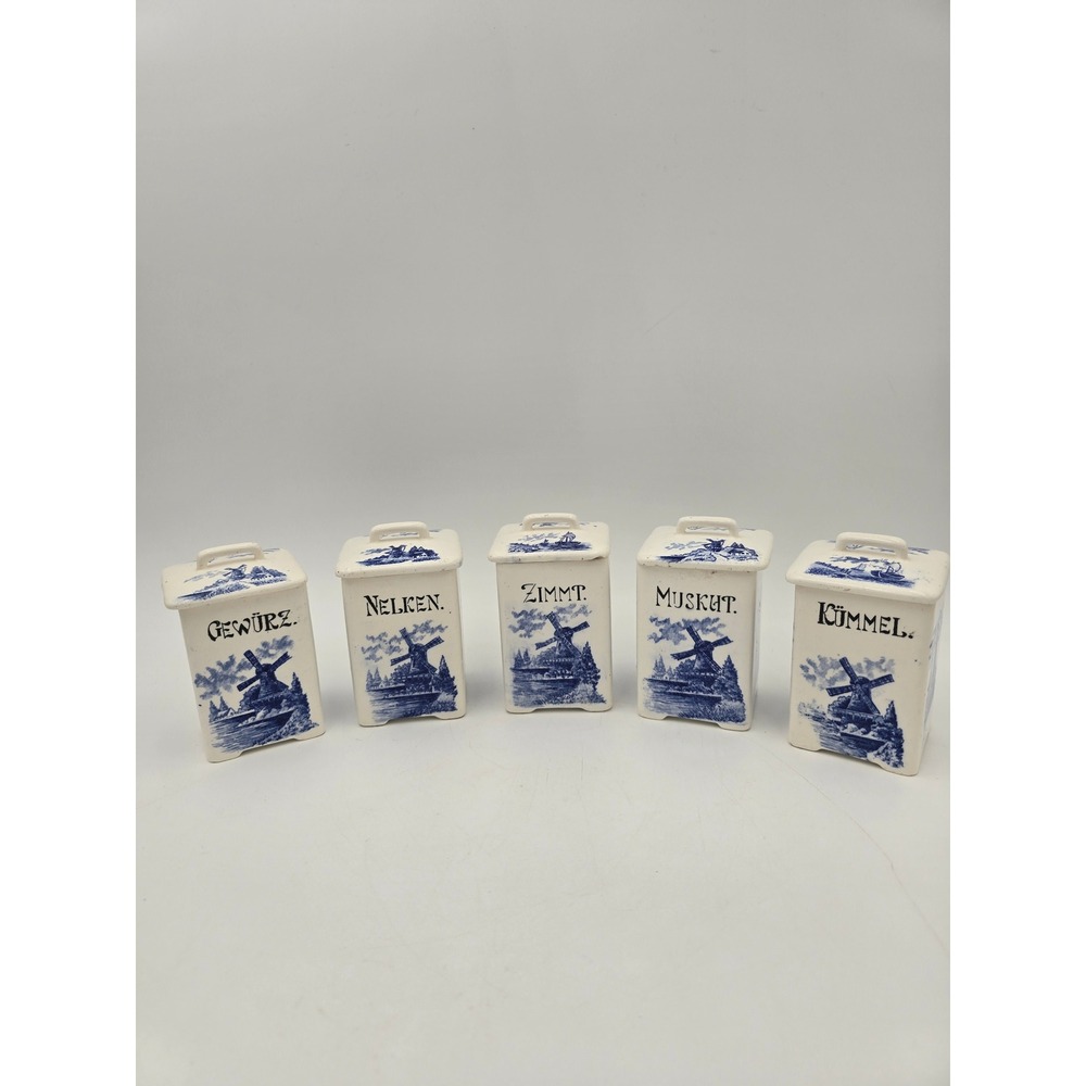 Vintage German Delft Blue Ceramic Spice Canister Set Windmill Sailboat 5pc